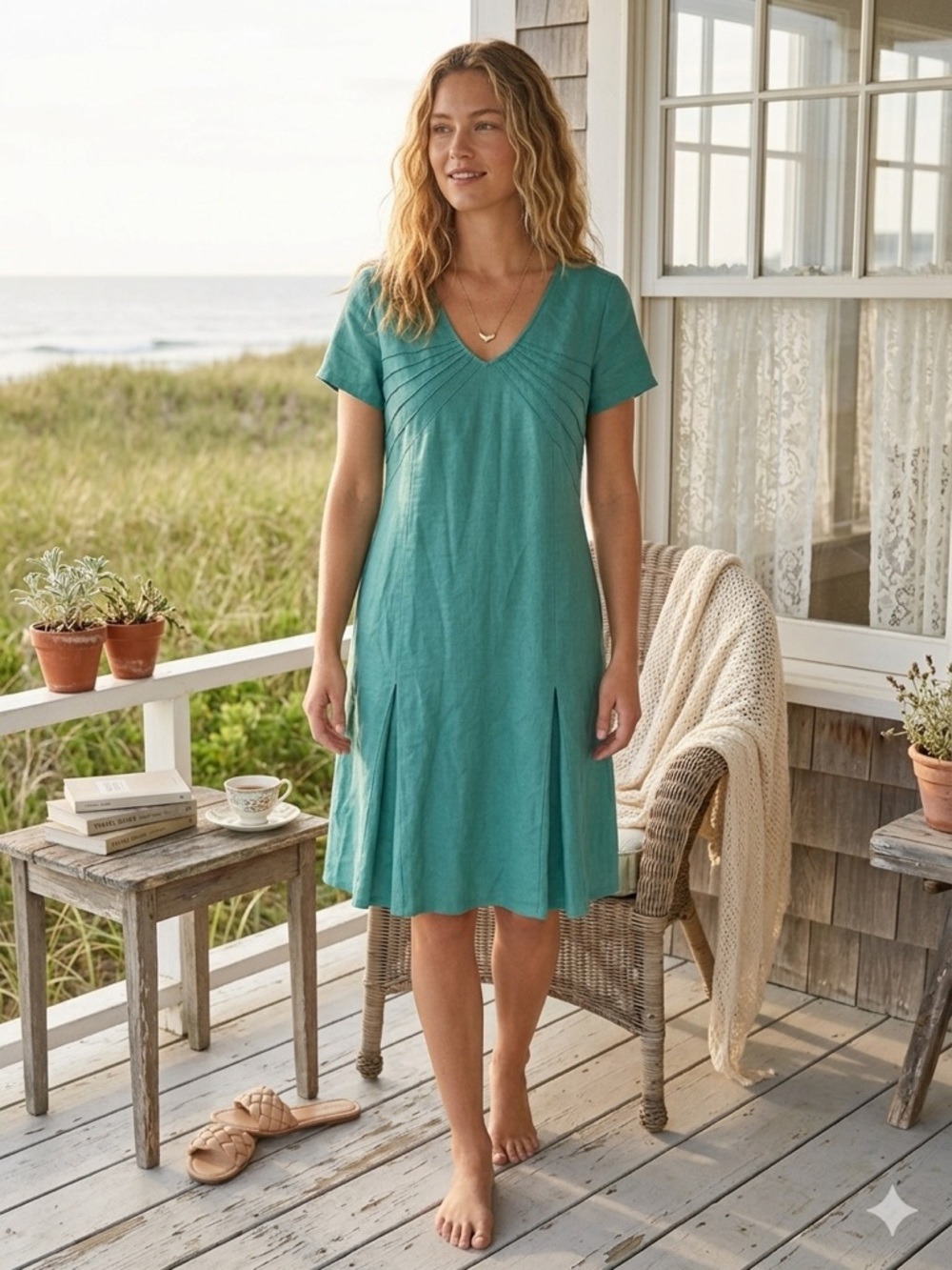 Orvis 100% Linen V-Neck Pintuck Midi Dress Teal Green Coastal Cottage Size M New